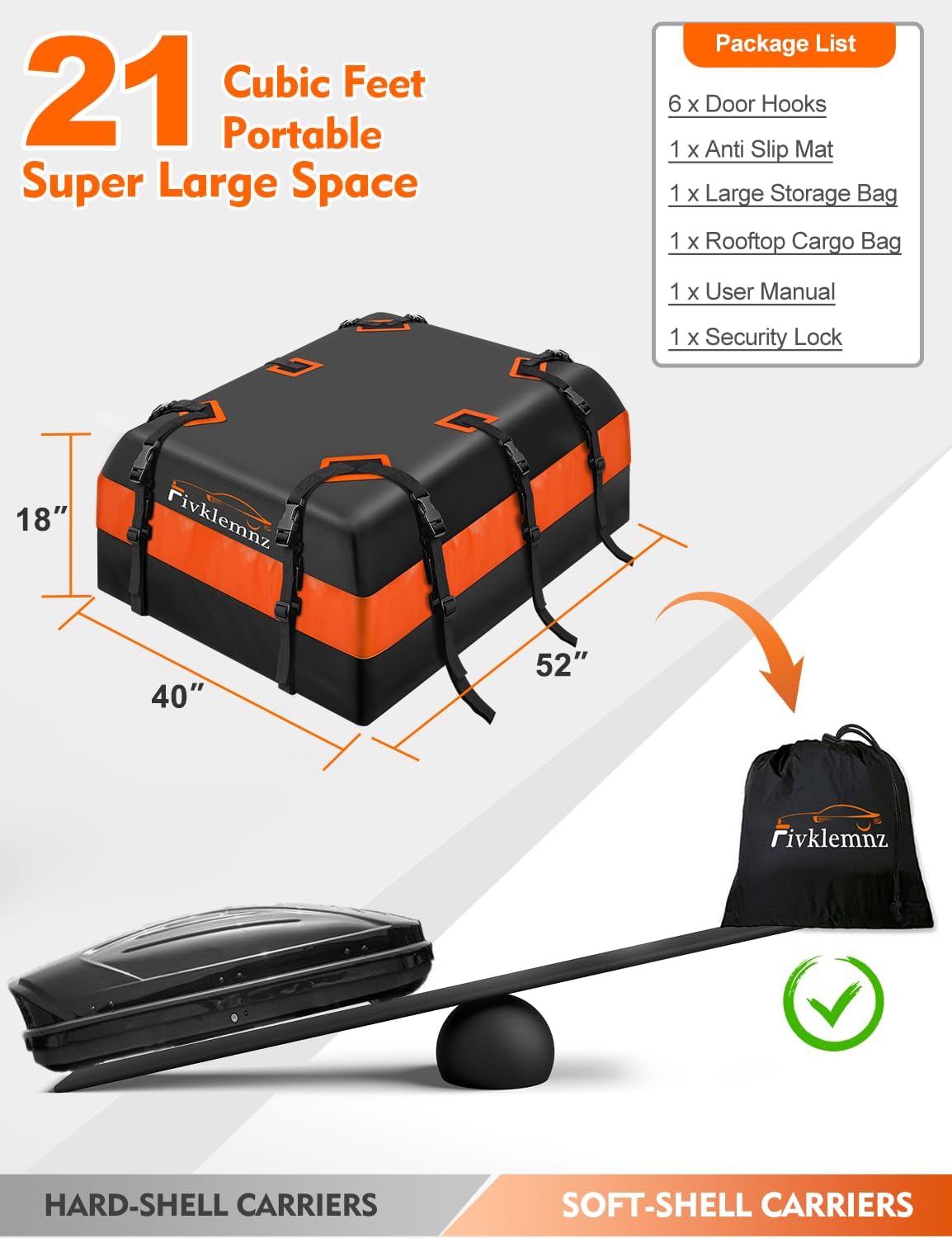 FIVKLEMNZ 21 Cubic Car Rooftop Cargo Carrier Roof Bag Waterproof for All Top of Vehicle with/Without Rack Includes Topper Anti-Slip Mat + Reinforced Straps + 6 Door Hooks + Luggage Lock