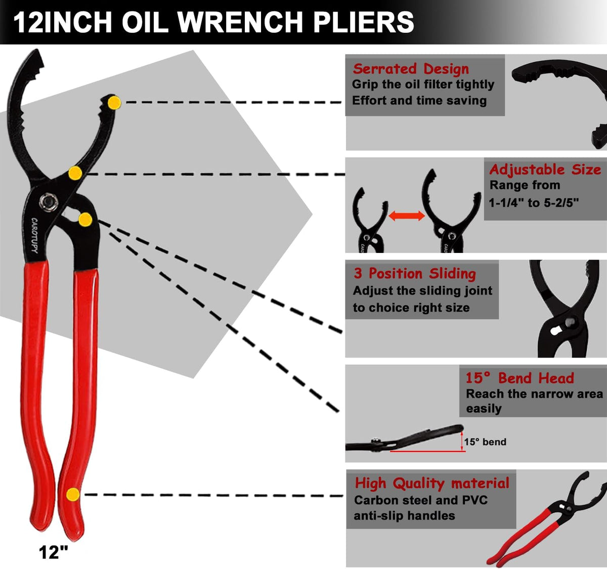 8pcs Oil Filter Wrench Set, 12" Adjustable Oil Filter Pliers with Flexible Oil Funnel, Oil filter Removal Tool Adjustable from 1-1/4"-5-2/5"
