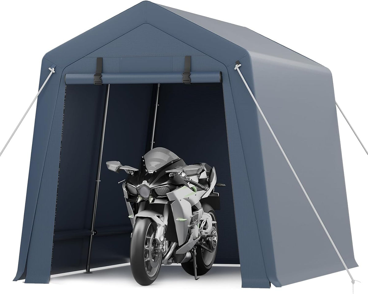 7*10F Outdoor Storage Shed with Floor, Heavy Duty Waterproof PE Tarp, Portable Metal Carport Garage Tent, 2 Roll-Up Doors & Vents, for Motorcycle and Bike Storage, Garden Tool Shed, Small Outdoor Shed