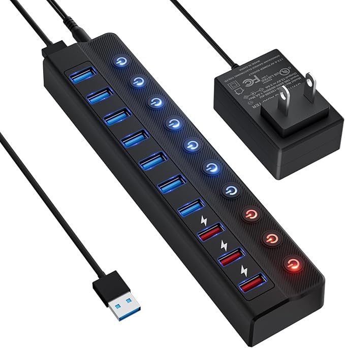 ONFINIO Powered USB Hub, 10-Port USB Splitter Hub (7 Faster Data Transfer Ports+ 3 Smart Charging Port) with Individual LED On/Off Switches and 12V/3A Power Adapter USB Extension for Mac, PC and More