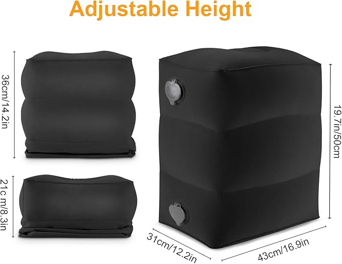 Maliton Inflatable Foot Rest Pillow, Airplane Travel Bed for Toddler, Car Seat Foot Rest for Kids, Adjustable Height Leg Rest Pillow for Airplane, Home, Office(Black, 2 Pack)