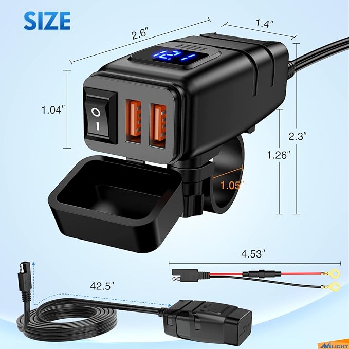 Nilight Motorcycle Charger with 12V Voltmeter Independent On Off Switch SAE USB Adapter Inline 10A Fuse Waterproof 6.8A Dual QC3.0 Fast Charging Phone Tablet for 7/8inch Handlebar ATV