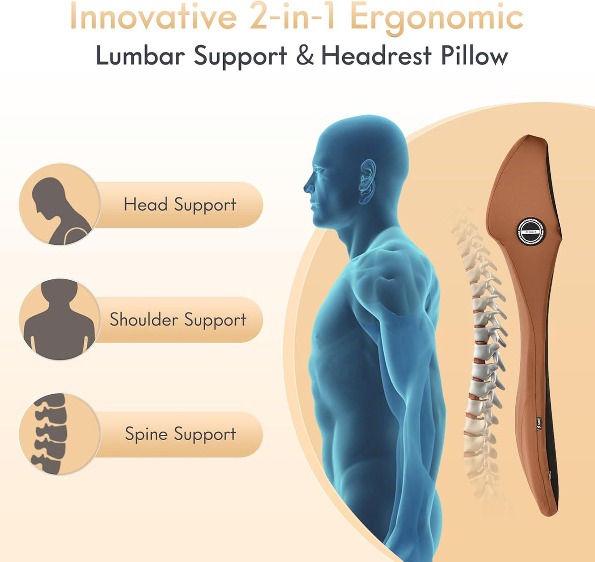FLORICH Car Seat Lumbar Support with Headrest Pillow Memory Foam Car Lumbar Pillow Back Support Cushion 2-in-1 Ergonomic Back Rest Pillow & Car Neck Pillow for Driving Tailbone Pain Relief, Brown