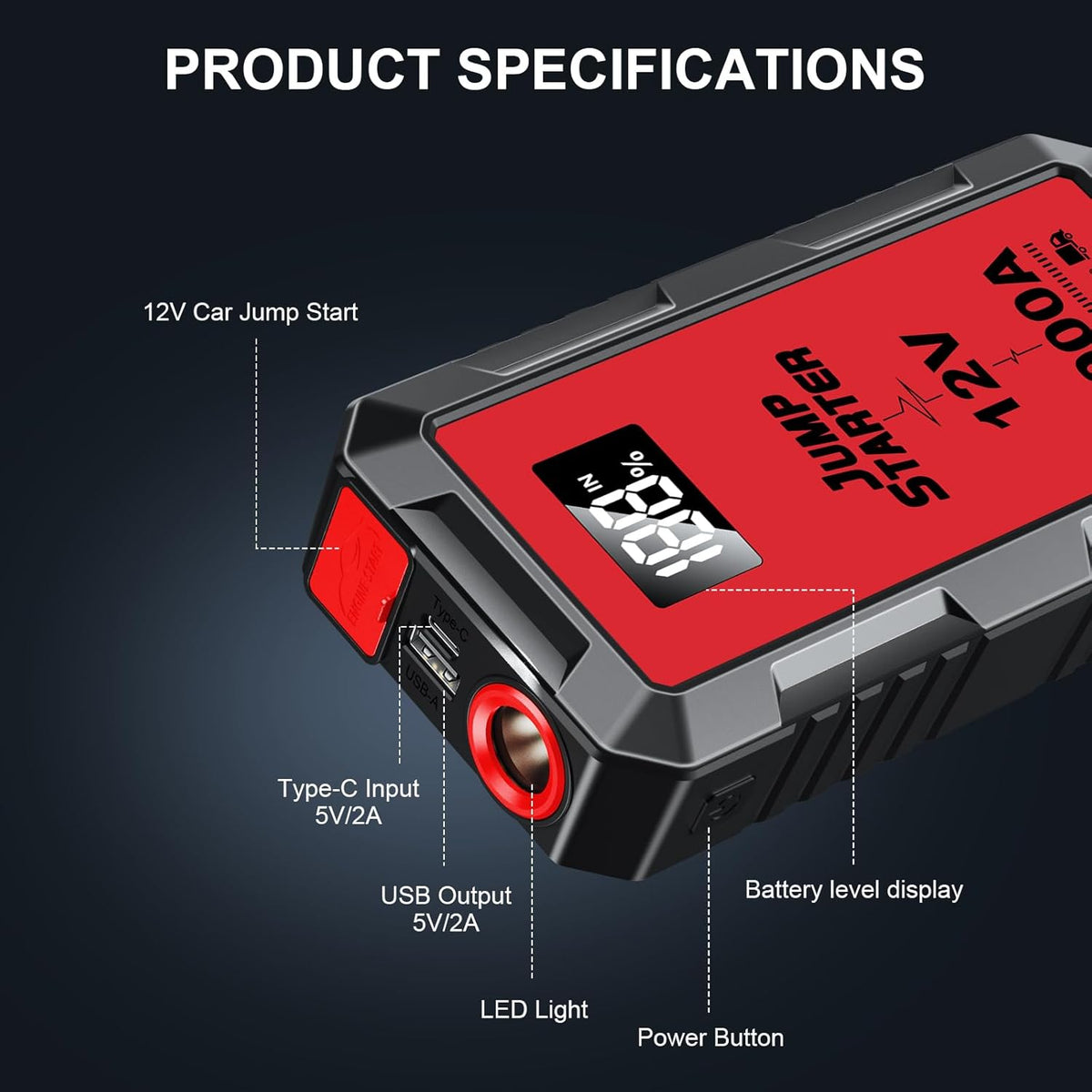 Car Battery Jump Starter with 6000A Peak Smart Clip LCD Display and 3 Modes Flashlight for Up to All Gas and 10.0L Diesel Engine 12V Auto Battery Booster Jumper Cables Portable Lithium Jump Box