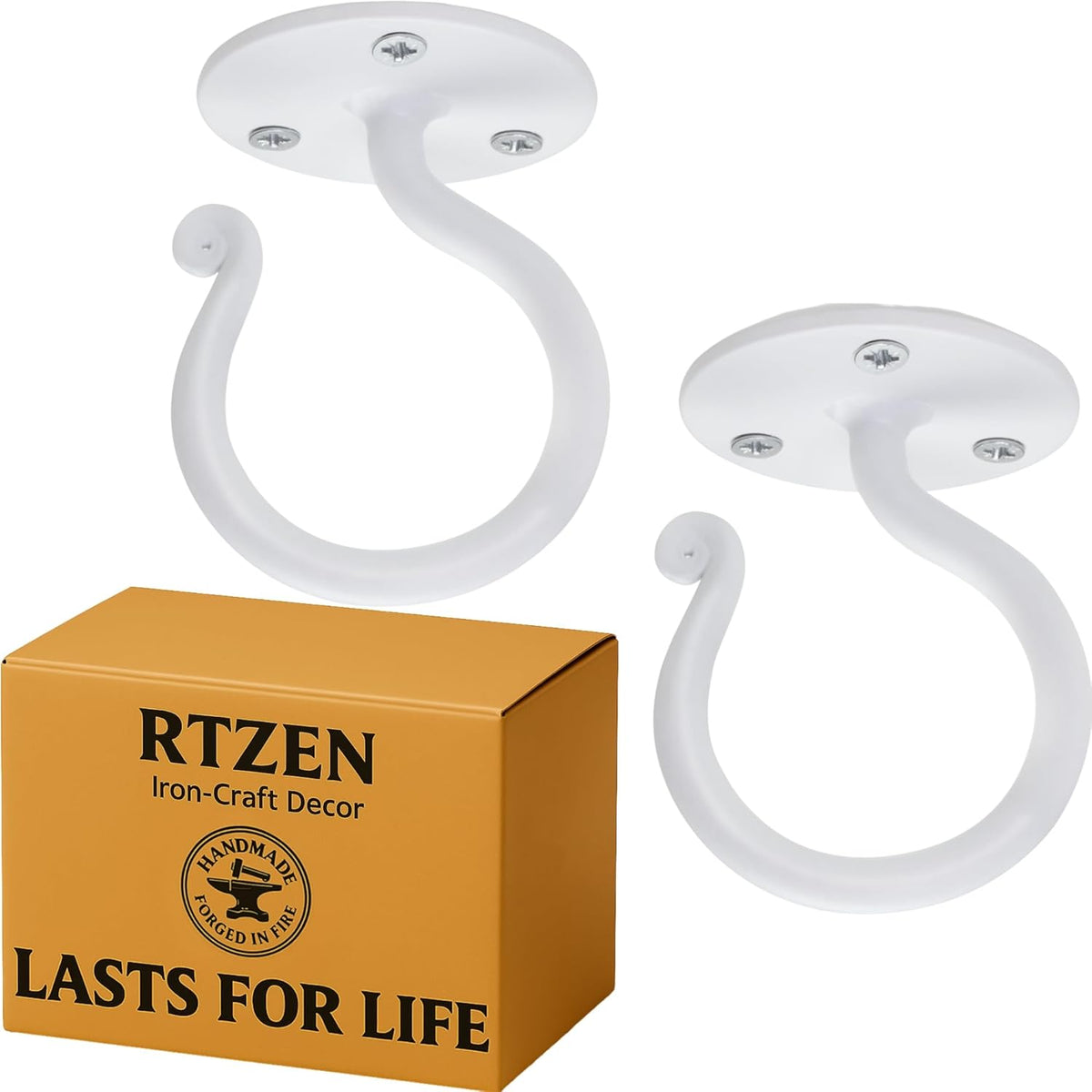 RTZEN Plant Hangers Outdoor or Indoor - Wrought Iron Metal Hanger Indoor Hook - Heavy Duty Wall Bracket Hooks for Hanging Plants Baskets Lanterns Wind Chimes - 2 Pack (Large White Ceiling Hooks)