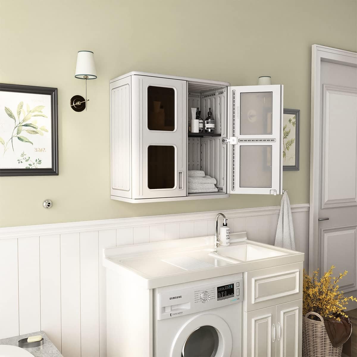 KINYING Outdoor Storage Cabinet Waterproof,Resin Garage and Laundry Room Wall Mounted Cabinets,Outdoor Storage Box with Doors and Shelves,White