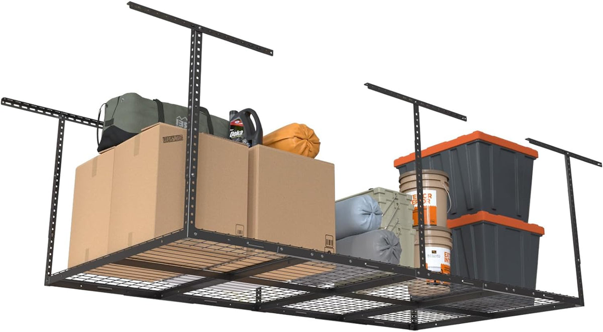 4ftx8ft Overhead Garage Storage Rack, Heavy-Duty Metal Garage Ceiling Storage Rack, 22''-40" Adjustable Ceiling Drop-Down, 600 lb. Loading Weight Capacity, Black