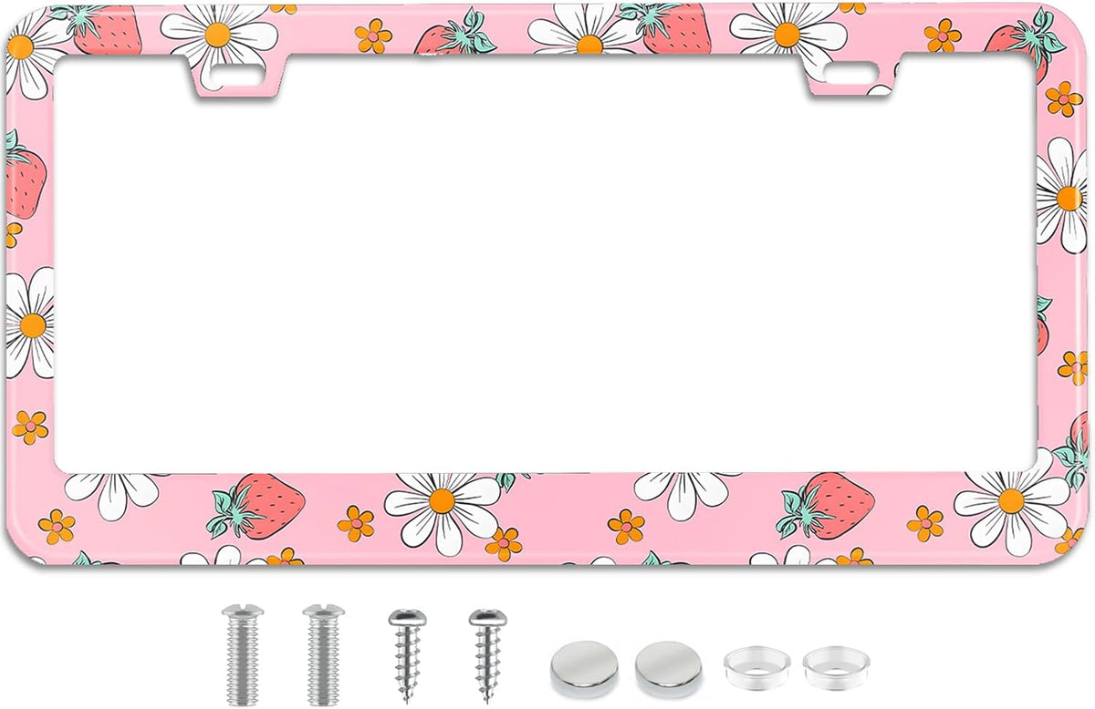Pink Strawberry Floral License Plate Frame Stainless Steel License Plate Frames Holder Covers Rust-Proof Auto Parts Decoration with Screws License Plate Holder for Car Accessories 12x6 Inch