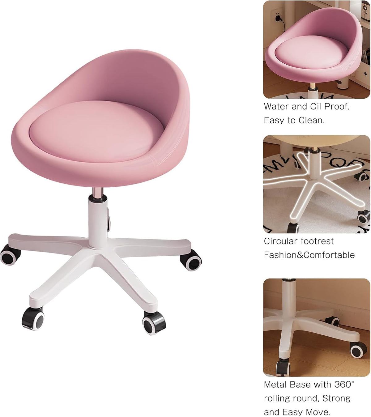 Rolling Stool Set of 3 Rolling Hydraulic Salon Stool with Low Backrest - Adjustable Swivel Chair for SPA, Shop, Salon, Massage, or Medical Office Pink