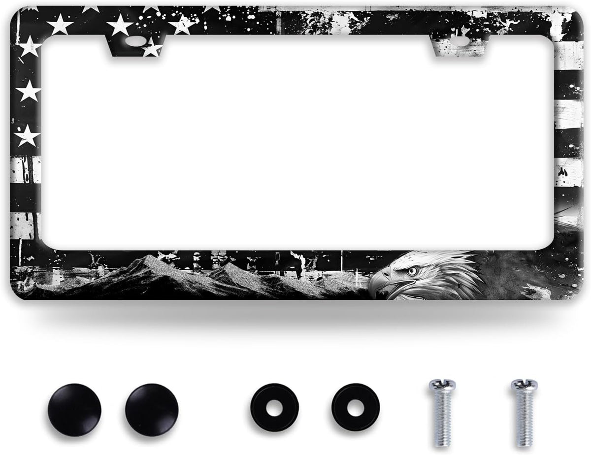 American Flag Eagle Mountains License Plate Frame Funny License Plate Holder Stainless Steel Accessories Cars Decor with 2 Holes Screws Fits Standard Us Ca Vehicles License Plate Frames 12.2 X 6 Inch