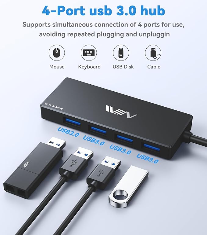USB 3.0 Hub,4 Port USB Splitter Extender Portable Adapter Multiport Data Hub for Laptop,Xbox, Flash Drive,HDD,Console,Camera,Keyborad,Mouse Windows,Mac OS PC,Not Designed to Charge Devices-Black
