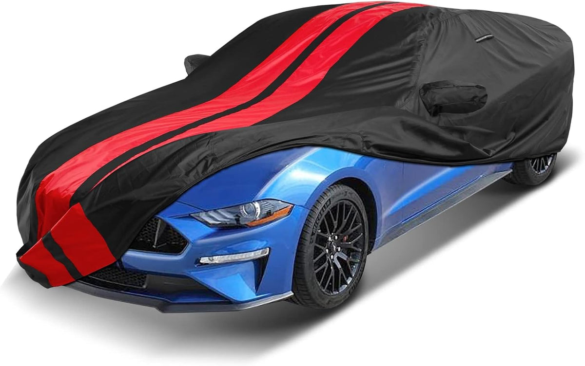 iCarCover Custom Car Cover for 2005-2025 Ford Mustang GT, Ecoboost, Mach 1, V6 Waterproof All Weather Rain Snow UV Sun Protector Full Exterior Indoor Outdoor Car Cover (Stripe - Black/Red)