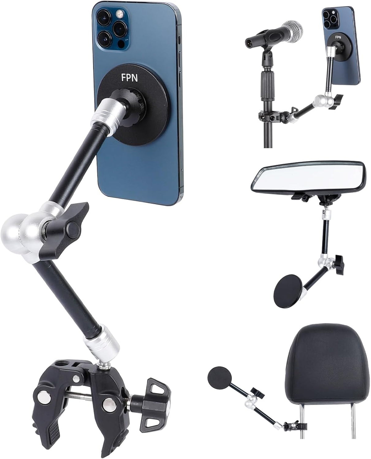 All-Metal Magnetic Phone Holder with Super Clamp&10″ Long Arm for Magsafe, Adjustable Rear View Mirror Phone Holder Mount for Car/Truck/Handlebar, Compatible with iPhone 16 15 14 13 12 Series
