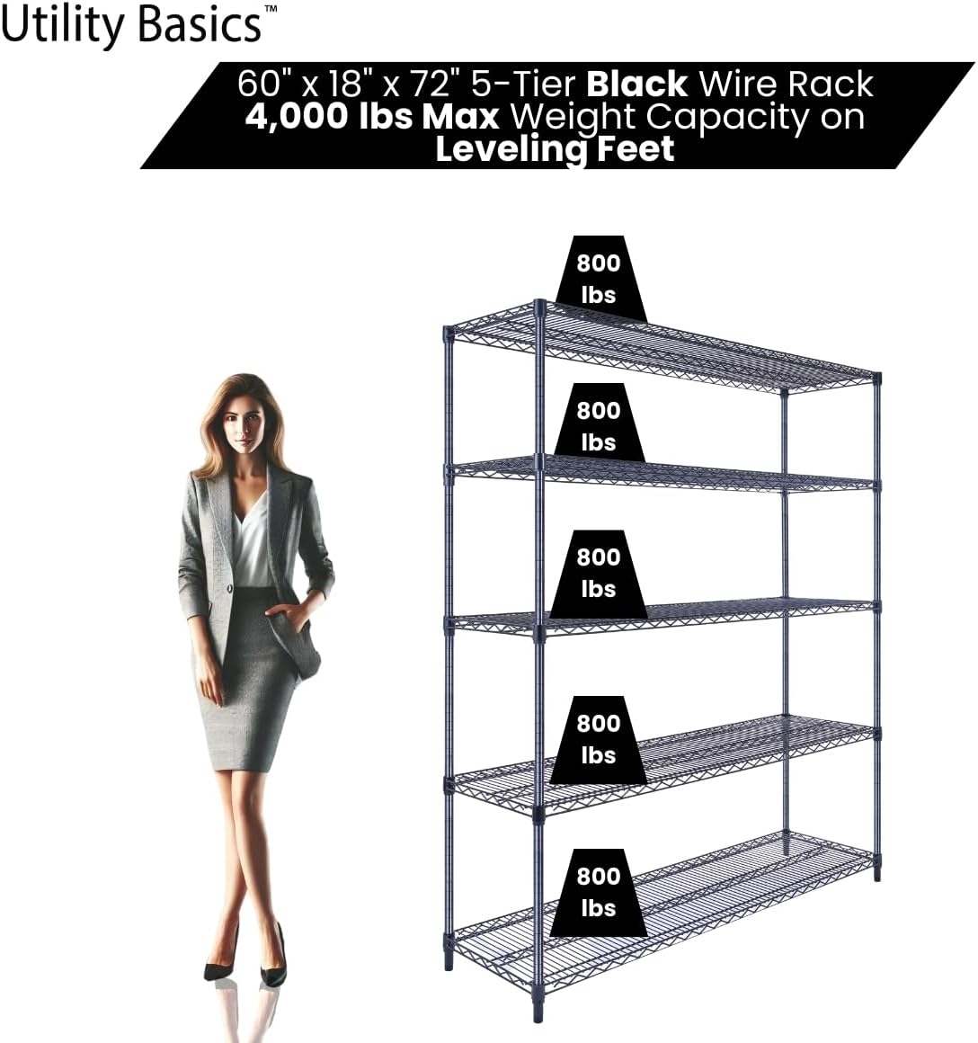60"x18"x72" Black 5-Tier Premium Wire Shelving NSF 4000 LBS MAX Capacity Heavy Duty Steel Storage Rack for Warehouses, Garages, Hospitals, Commercial Spaces, & Schools w/Premium Wheels