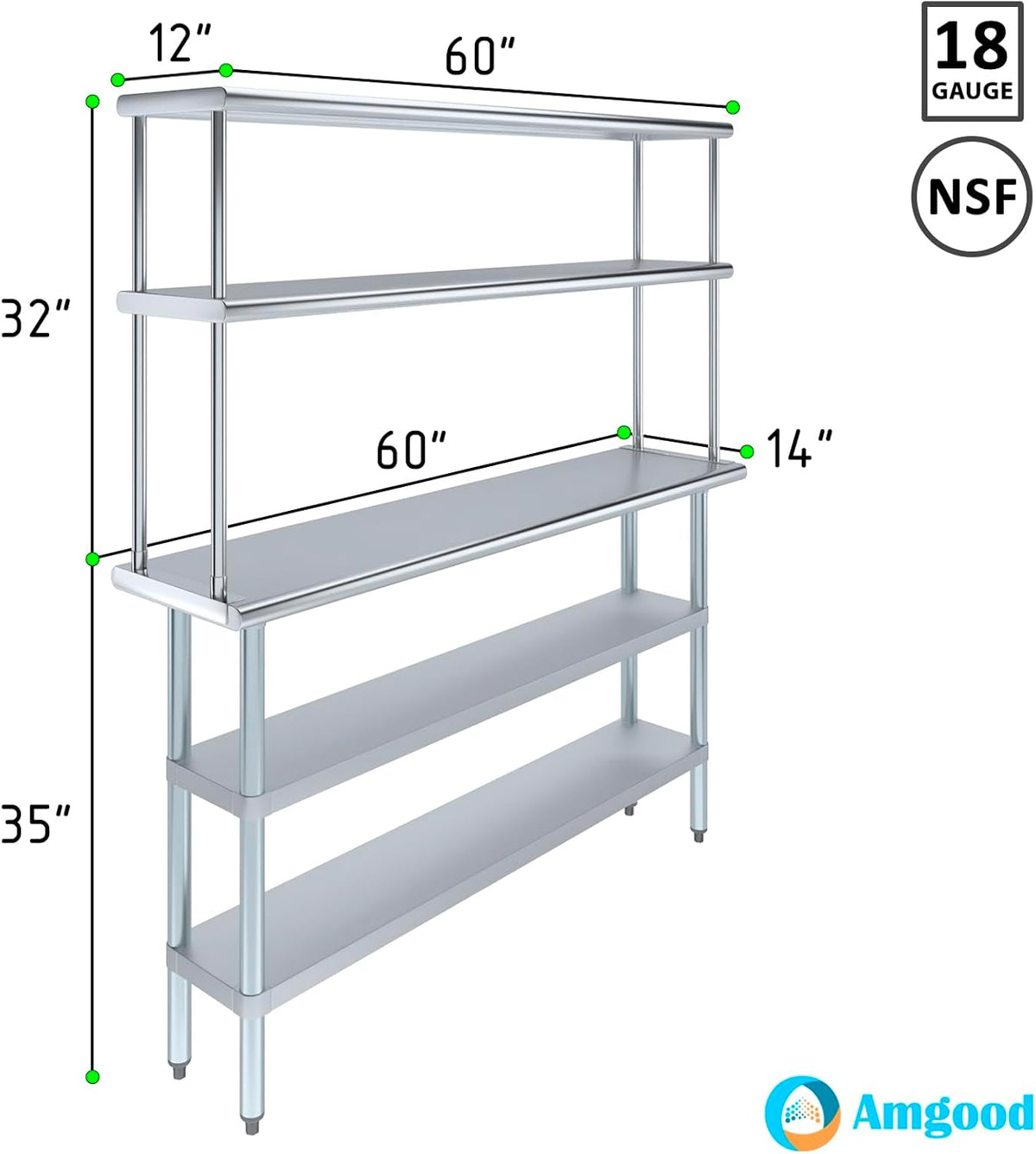 Amgood Stainless Steel Work Table with 2 Shelves | Metal Kitchen Prep Table & Shelving Combo (14" x 60" Table with 2 Shelves + 12" Overshelf)