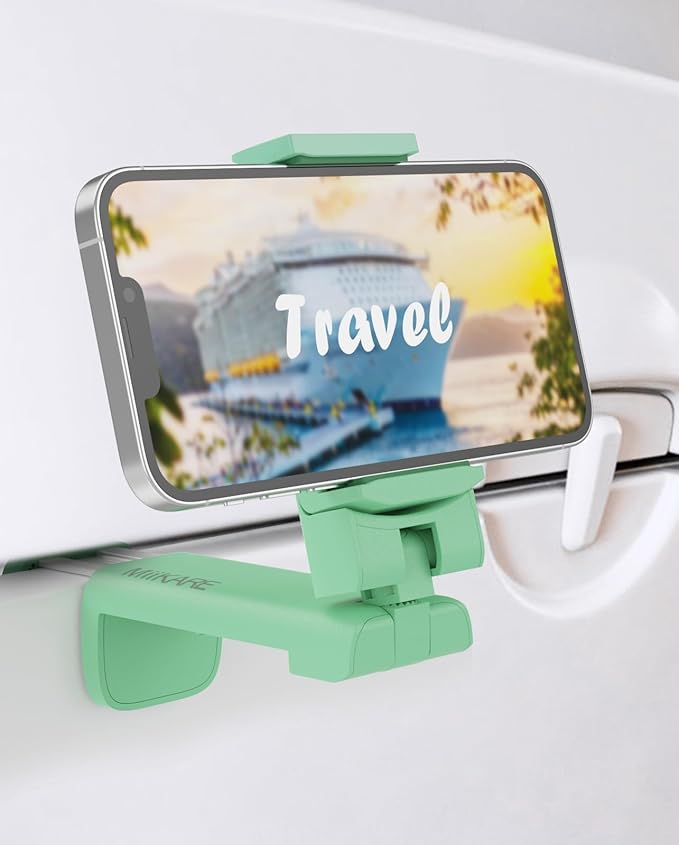 MiiKARE Travel Essentials Airplane Phone Holder, Universal Handsfree Phone Mount for Flying with 360 Degree Rotation, Travel Must Haves Phone Stand for Desk, Tray Table, Green