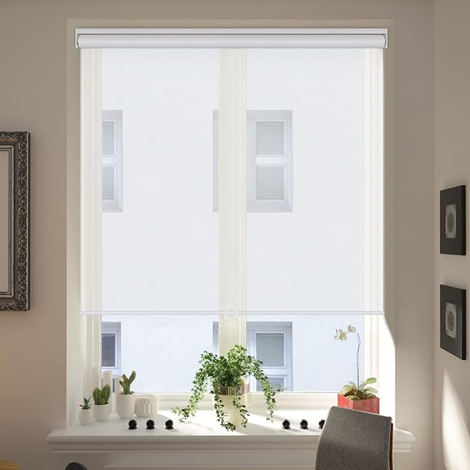 LUCKUP Light Filtering Roller Shades for Windows, Cordless Semi Sheer Solar Blinds with 5% Openness Free-Stop Window Shades for Home & Office, White 24" W x 72" L
