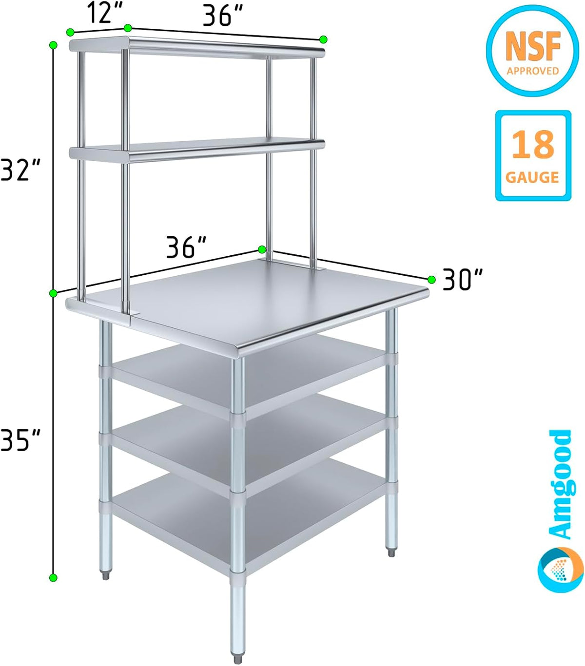 Amgood 30" x 36" Stainless Steel Work Table with 3 Shelves and 12" Wide Double Tier Overshelf | Metal Kitchen Prep Table & Shelving Combo | NSF