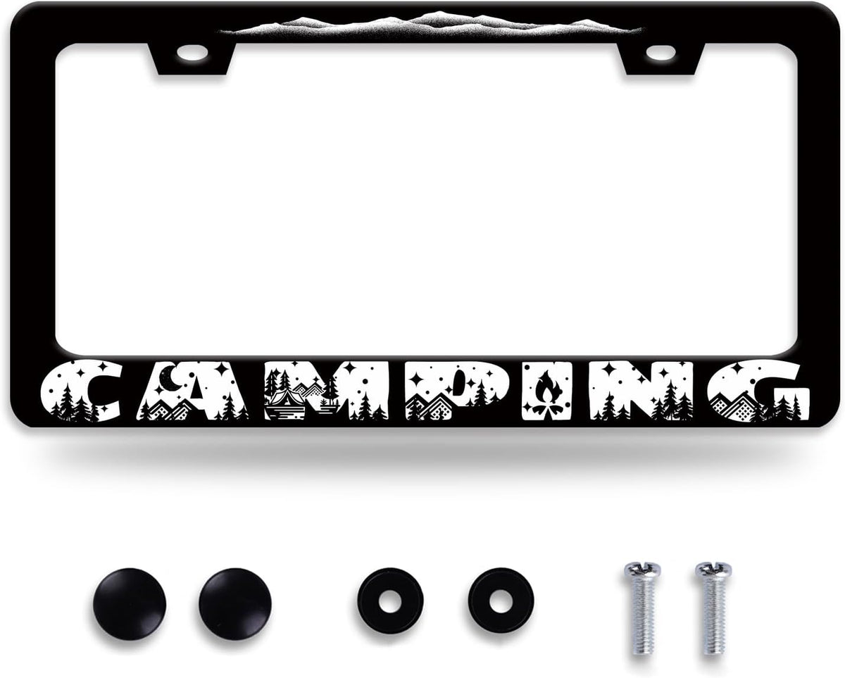 Camping License Plate Frame Mountains License Plate Holder Forest for Car Decorative Parts Stainless Stee License Plate for Standard Us Canada Funny License Plate Frames 12x6 Inch