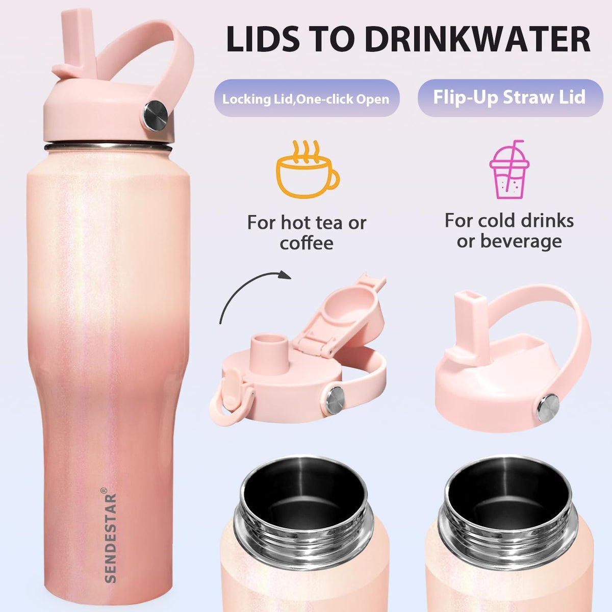 SENDESTAR 32oz Water Bottle Wide Mouth Stainless Steel Vacuum Insulated Double Wall with 2 Straw Lids Fit in Any Car Cup Holder