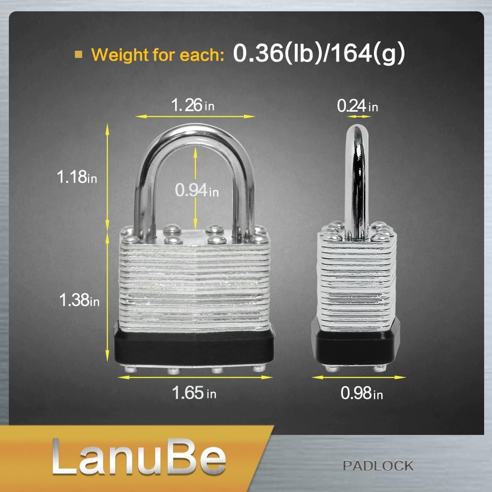 LanuBe Lock Laminated keyed Padlock (1-9/16", 40mm), keyed Alike Locks, Normal Shackle,Marked Black Plastic Hoop, Pack of 48