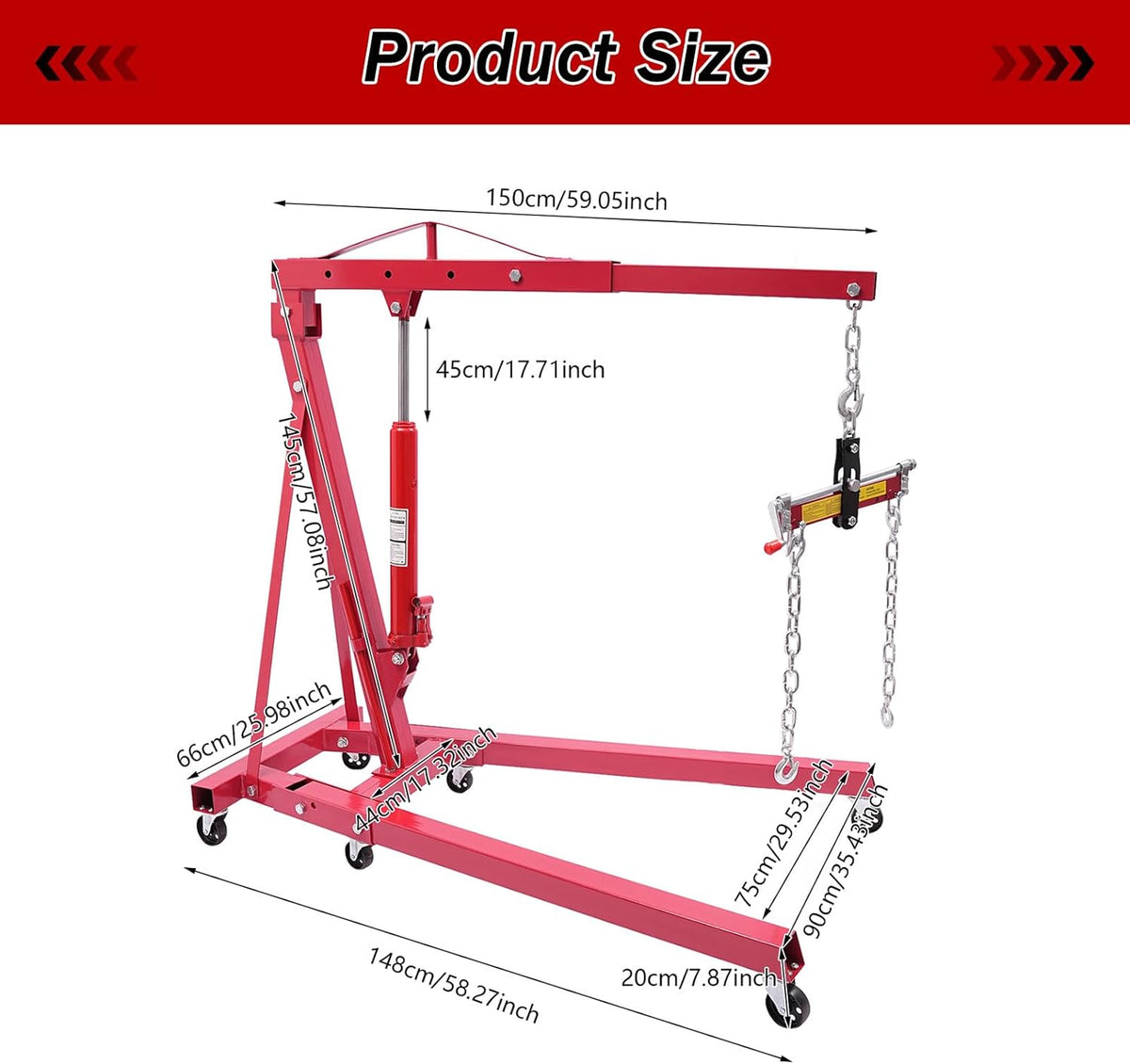 Folding Engine Crane 2 Ton Folding Engine Hoist with Engine Leveler 4400lbs Hydraulic Crane with 6 Iron Caster Wheels for Garage, Workshop (Red)