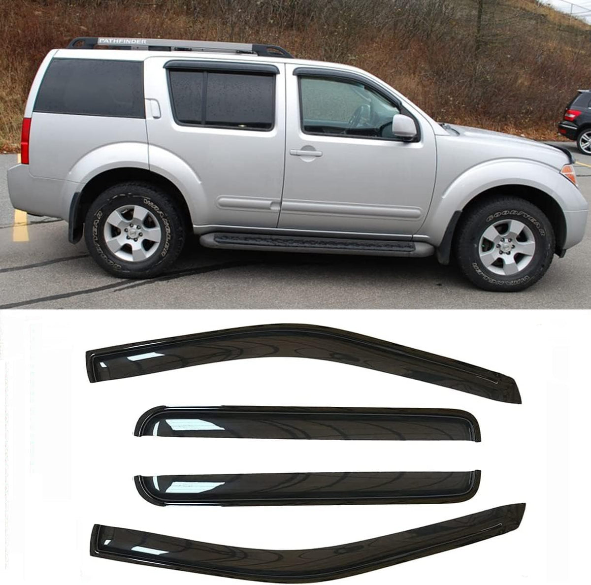 4pcs Side Wind Deflector,Out-Channel Tape On Sun Rain Guards, Dark Smoke Nice Looking Window Visor fit for 2005-2012 Nissan Pathfinder 94512