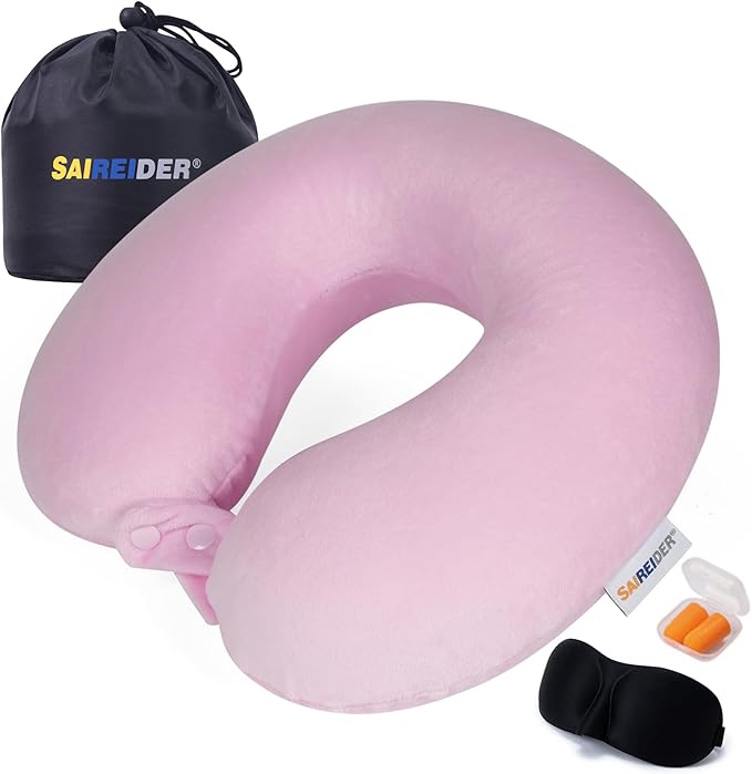 SAIREIDER Travel Neck Pillow 100% Memory Foam, Airplane Rest Prevents Head from Falling Forward, Plane Accessories with Storage Bag, Sleep Mask and Earplugs (Pink)