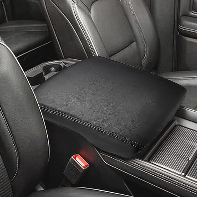 INTGET Car Center Console Cover for 2024 2025 Dodge Ram 1500 2500 3500 Accessories 2019 2020 2021 2022 2023 Armrest Arm Rest Box Lid Protector Pad Cushion Dog Seat Cover (Black with Black Stitches)