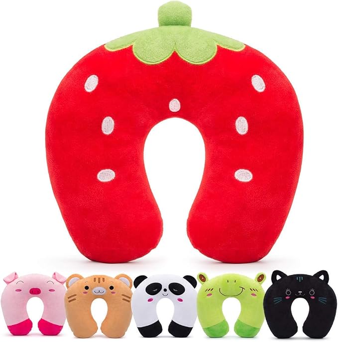 H HOMEWINS Travel Pillow for Kids,Cute Animal Toddler Neck Pillow for Boys Girls,Soft Neck Head Chin Support Pillow,Travel Accessories for Airplane, Car, Train,Recline(Strawberry)