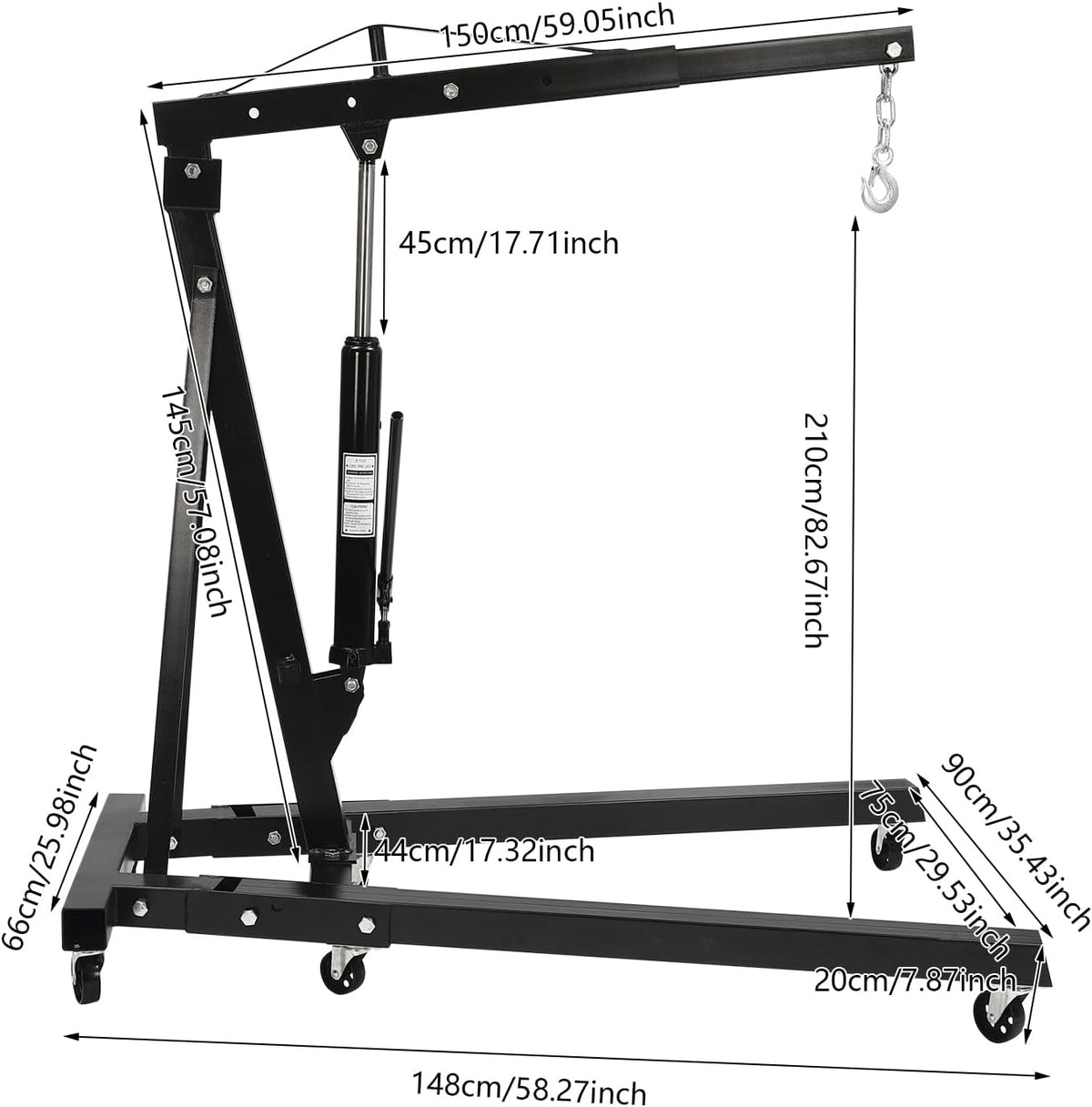Folding Engine Crane 2 Ton Folding Engine Hoist 4400lbs Crane Hoist Lift with 6 Iron Caster Wheels for Garage, Workshop (Black)