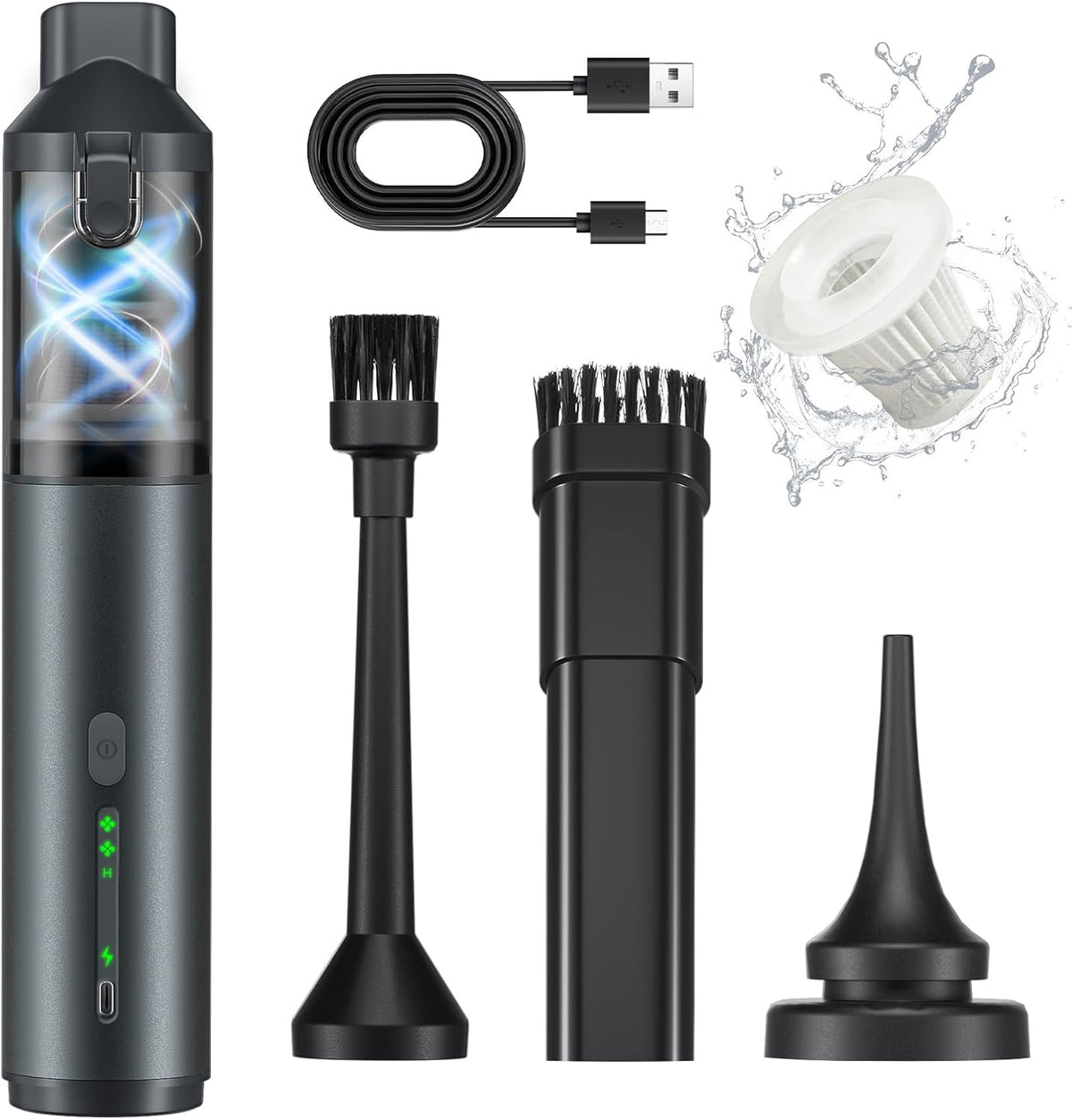 Car Vacuum Portable with 16000Pa Powerful Suction, Handheld Vacuum Cordless Rechargeable Blow & Suction 4 in 1, Small Vacuum Cleaner for Car, Home, Office, Outdoor (Grey)