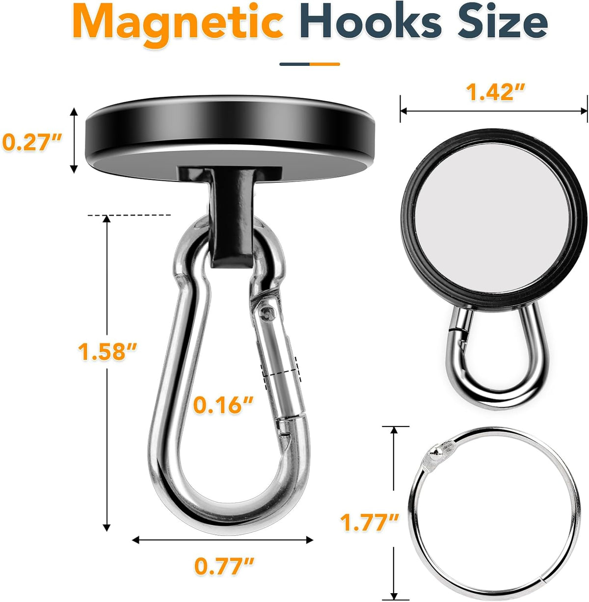 MIKEDE Magnetic Hooks, 150LB Neodymium Magnets Heavy Duty with Swivel Carabiner Hooks, Strong Rare Earth Magnetic Hook Hanger, Black Magnets with Hooks for Garage, Kitchen, Cruise Cabin - 3 Pack