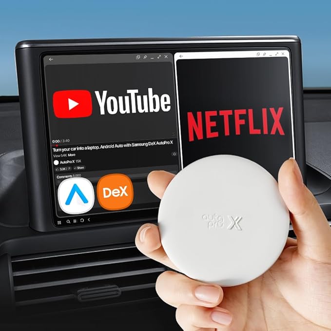 AutoPro X Android Auto Wireless Adapter Samsung DeX Box - Wireless Android Auto Adapter YouTube, ESPN, Netflix in Car Streaming Device - Use Every Google Play Store App from Your Galaxy Phone