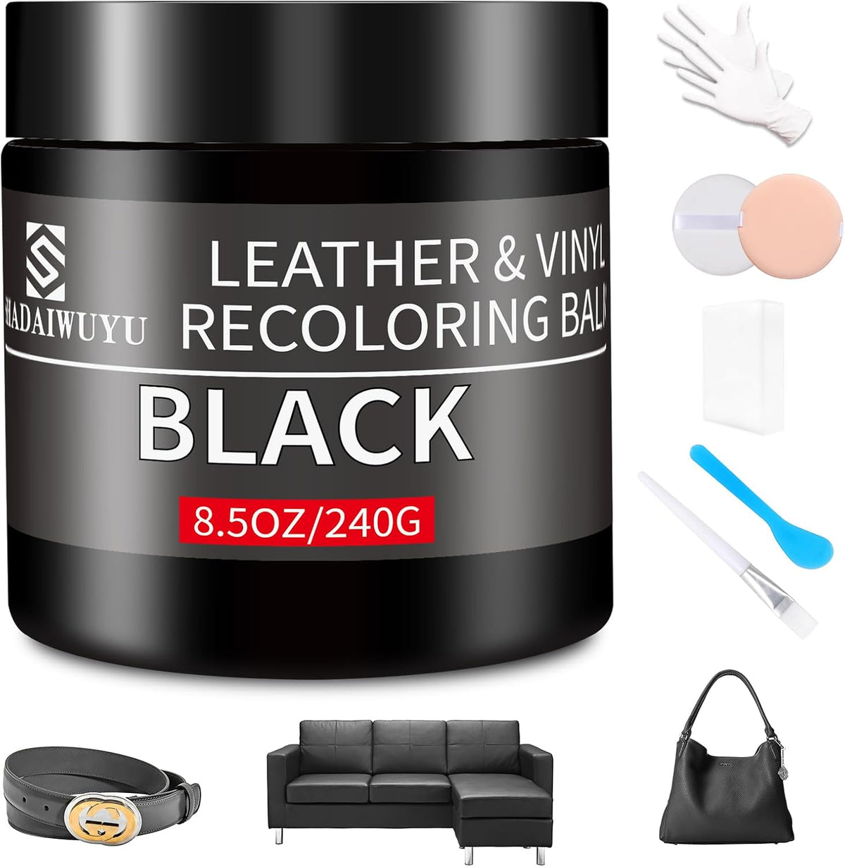 Leather Recoloring Balm,8.5oz Leather Color Restorer,Black Leather Repair kit for Furniture and Car Interior,Leather Couch Scratch Repair,Leather Dye Paint for Faded,Cracked and Damaged Leather