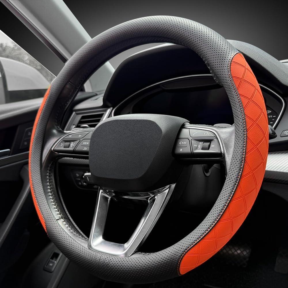 LKWLIKEI Nappa Leather Steering Wheel Cover, Diamond Checkered Design, Non-Slip wear-Resistant, Enhance Driving Comfort, Suitable for Steering Wheel Diameter 14 1/2‘-15’ Models.Black Orange