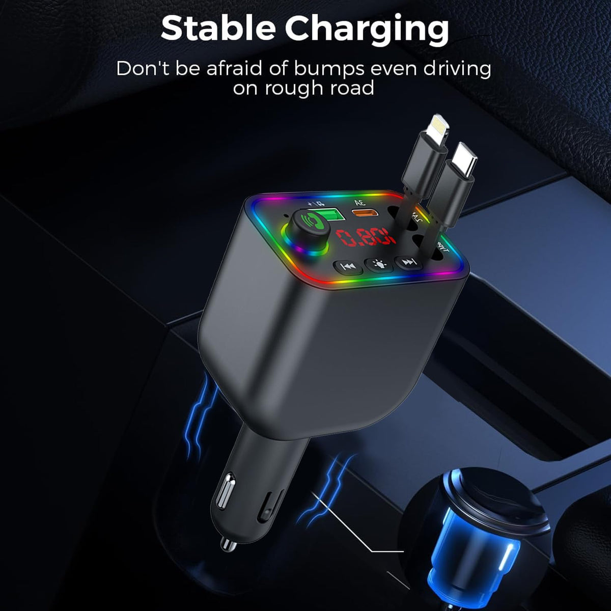Vitog Retractable Car Charger, Wireless Bluetooth 5.3 FM Transmitter 100W USB C 4 in 1 Fast Car Charger Adapter,iPhone 16 Fast Charging-for iPhone 16 15 14 13 12 Android