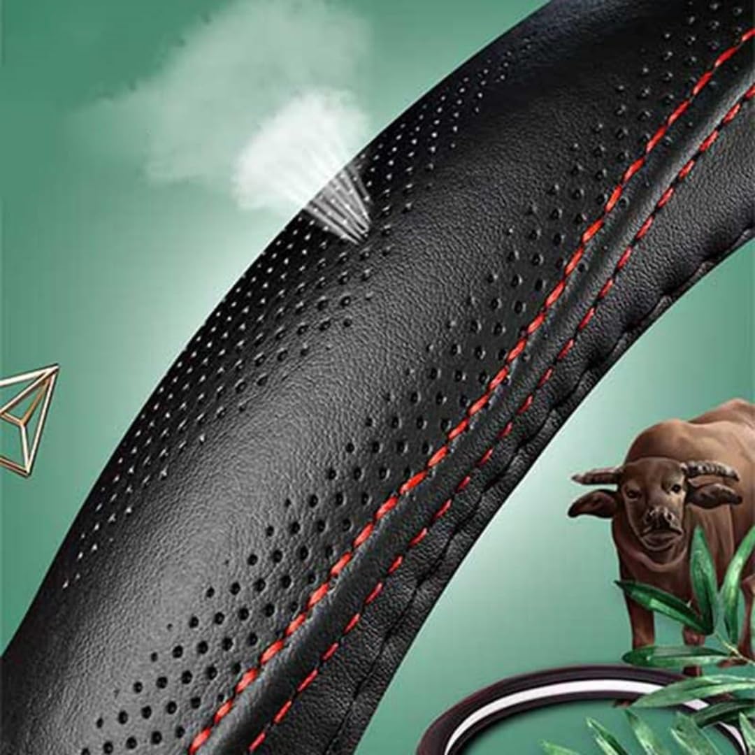 Cowhide Steering Wheel Cover Heat Resistant Anti-Slip Car Wheel Wrap Compatible with Most Makes and Models of Cars and Trucks with 14.5 to 15 Inch Steering Wheel(BlackRed)