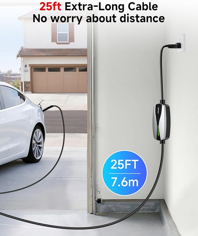 Portable Level 1/2 EV Charger for Tesla, 16Amp NACS Car Charger with 110V-240V, 25FT Extension Cable, NEMA 6-20 Plug, NEMA 5-15 Adapter, Home Mobile Wall Connector EV Charging Station for Tesla Cars