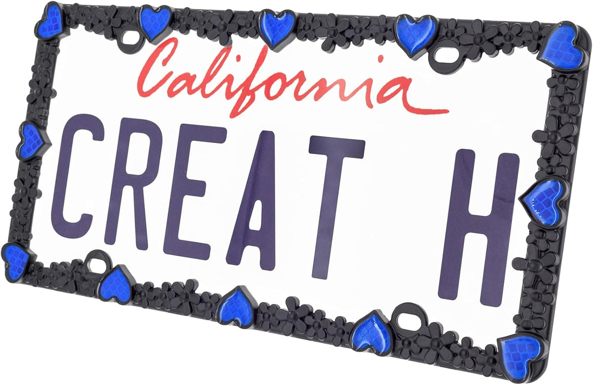 Creathome 3D Daisy Heart License Plate Frame from Pure Zinc Alloy Metal Perfect Plate Holder, Matt Black Daisy with Blue Reflective Heart