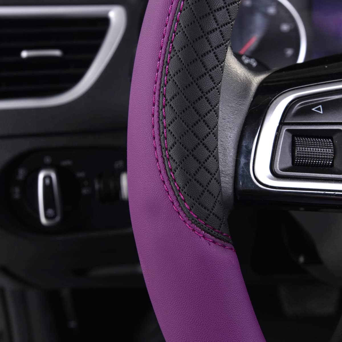 CAR PASS Rhombus Leather Universal Steering Wheel Cover, Fit for Suvs,Trucks,Cars,Sedans,Vans (Black&Dark Purple)