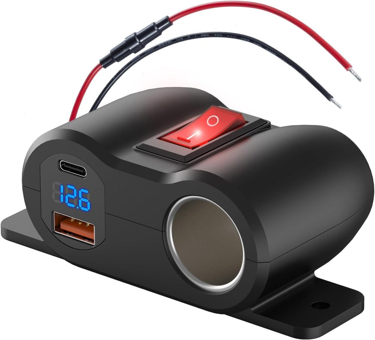 2-in-1 Surface Mount 12V USB Outlet Cigarette Lighter Socket, PD 30W and QC18W Car USB Port Car Charger with Button Switch LED Voltmeter and 120W Socket, Suitable for Cars, Boats, RVs and ATVs