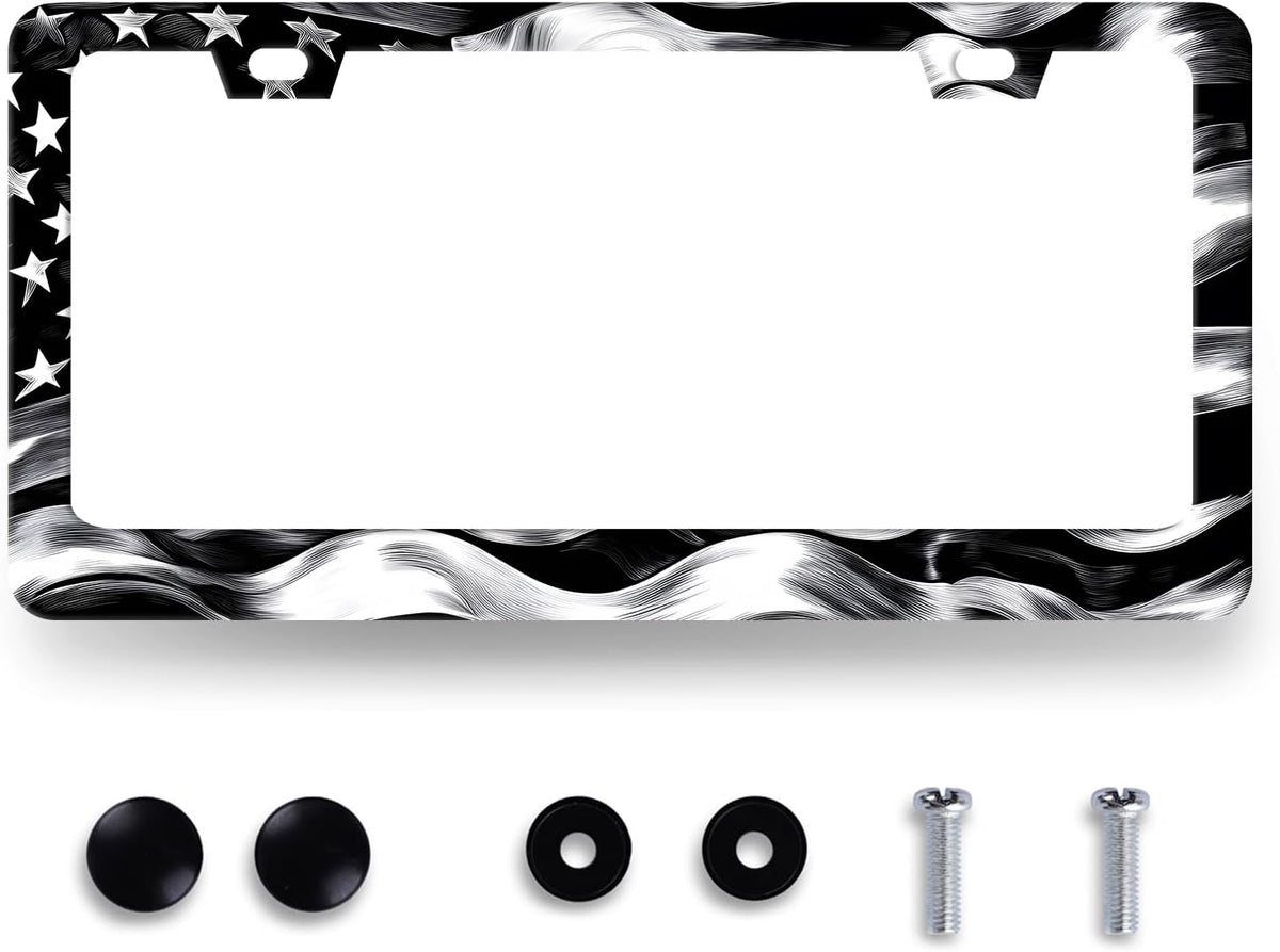 Black White American Flag License Plate Frame Patriotic USA Flag License Plate Stainless Steel Funny Black Accessories Cars Decor 12.2 X 6.2 Inch with 2 Holes and Screws Fits Standard Us Ca Vehicles