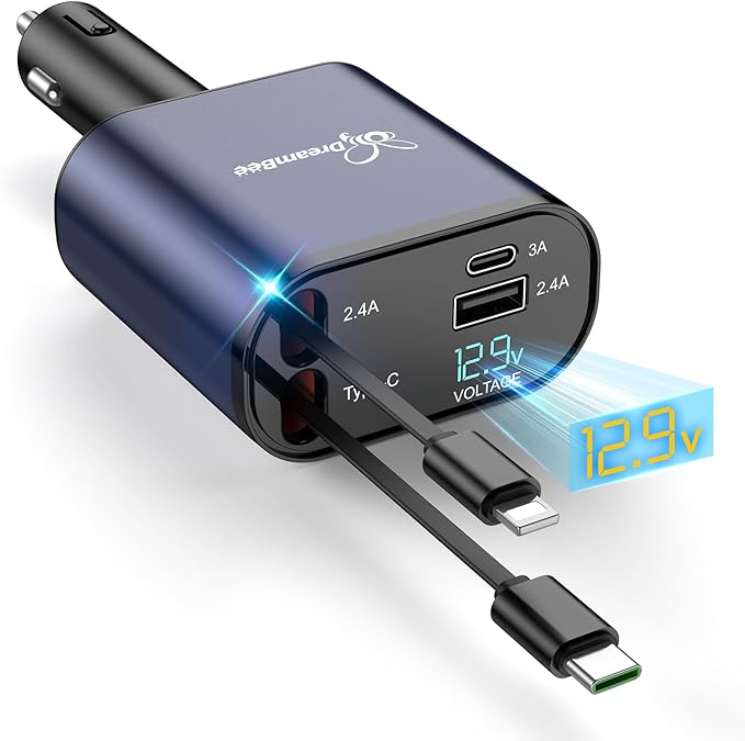 DreamBee Retractable Car Charger,66W 4 in 1 Super Fast Charge Car Phone Charger,Gifts for Men Women Car Truck Accessories for iPhone 17/16/15/14/13/12 Pro Max XR,iPad,Samsung,Pixel-Blue
