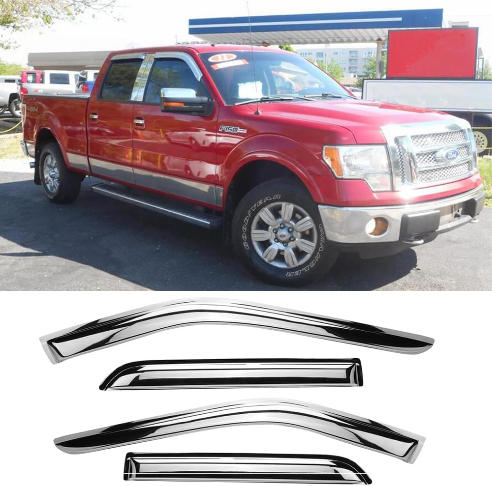 94975Y Chrome Side Window Visor Wind Vent Deflector for 2015-2022 Ford F150/F250/F350 Super Duty Crew(Supercrew) cab,4pc Outside Mount Style Sun Rain Guards