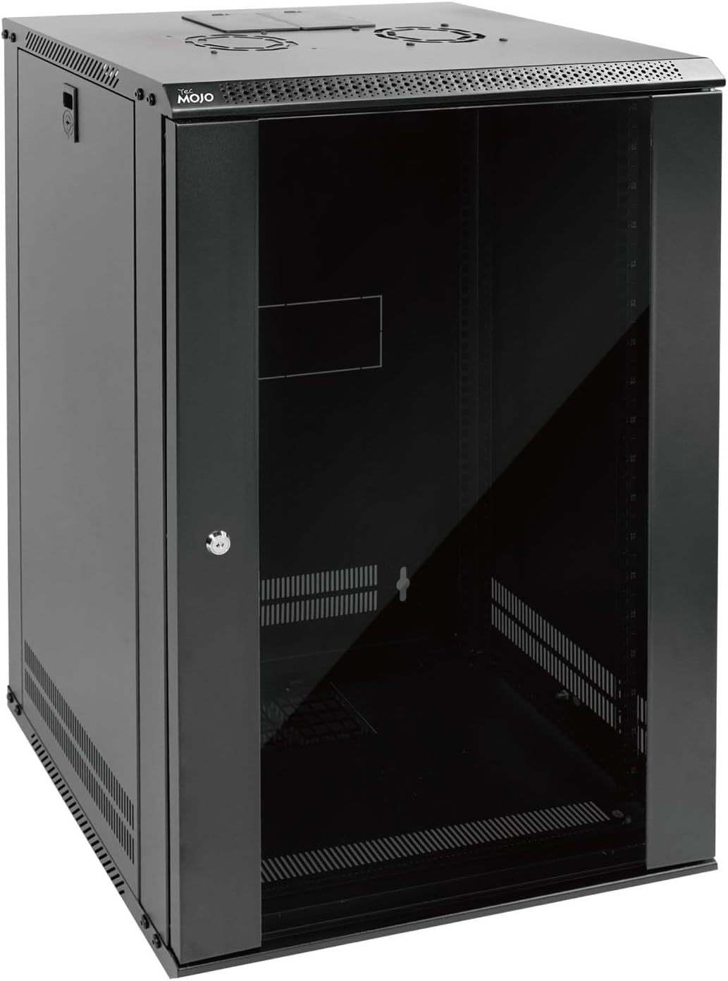 Tecmojo 18U Wall Mount Rack Network Cabinet for 19" IT Equipment,with Lockable Glass Door and Side Panels,Cooling Fan,Black,17.7inch Depth for AV/Computer/Electronics Equipment Data Rack