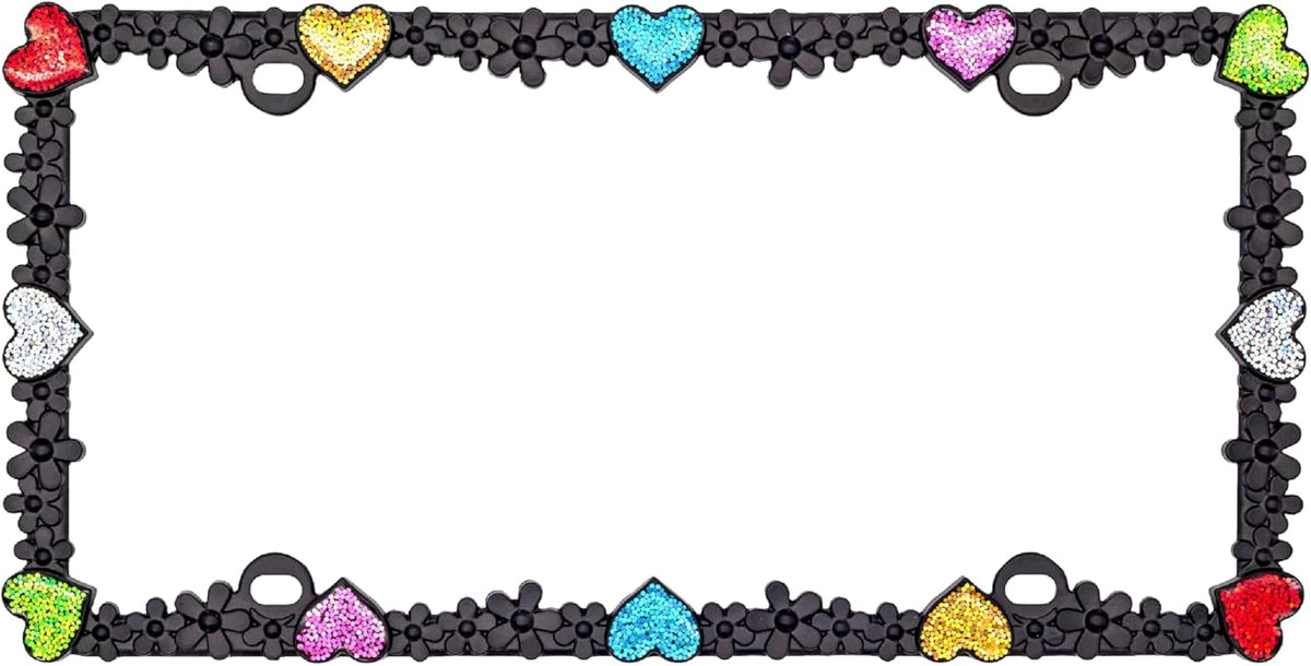 Creathome 3D Shining Daisy Heart License Plate Frame from Pure Zinc Alloy Metal Perfect Plate Holder, Matt Black with Colorful Glitter, Luminously Heart