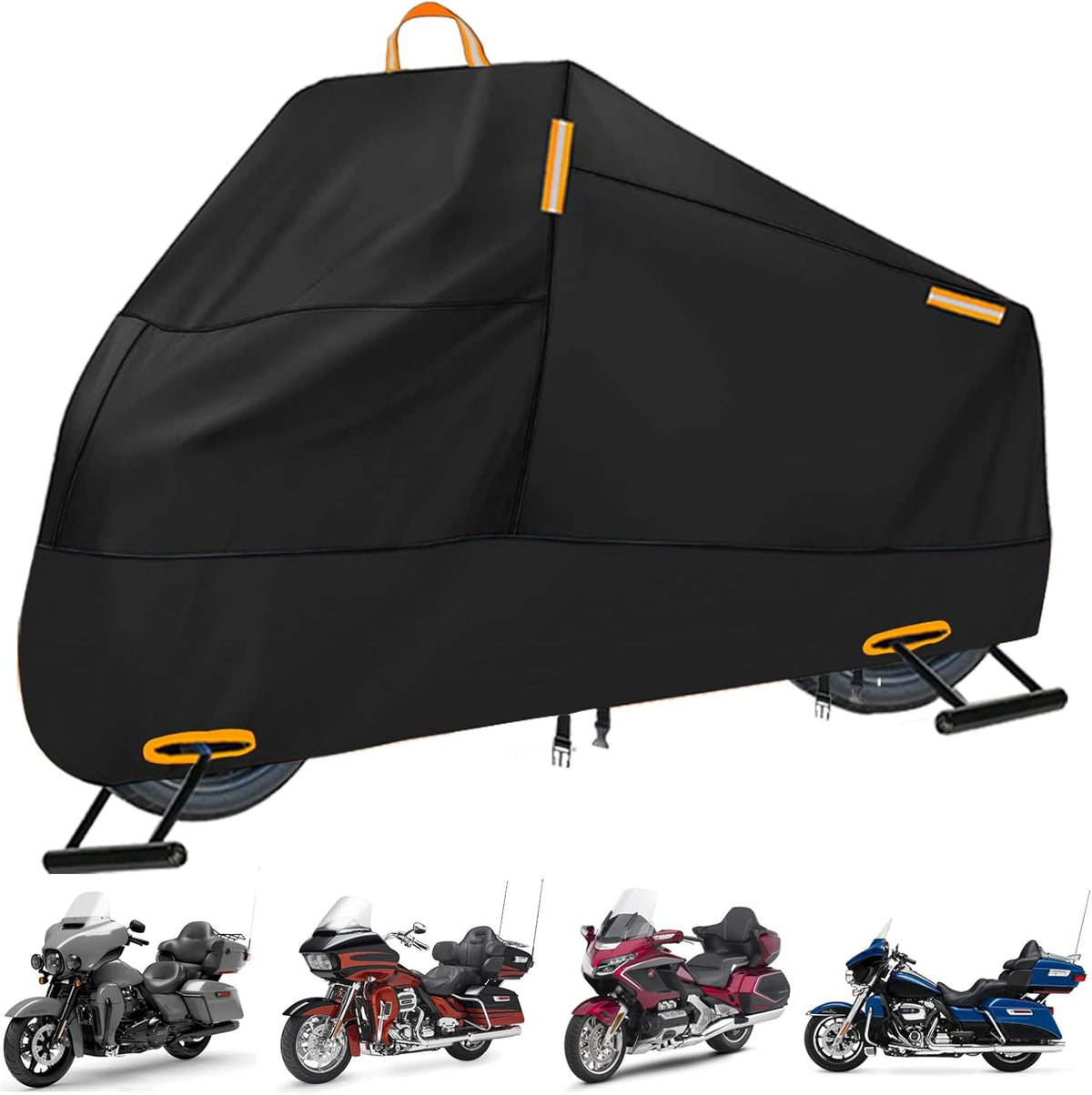 Motorcycle Cover Waterproof Outdoor, 300D Heavy Duty Motorcycle Cover for Harley Davidson Electra Glide Ultra Limited CVO Road Street Glide Honda Gold Wing Protection Fits up to 116" - Black