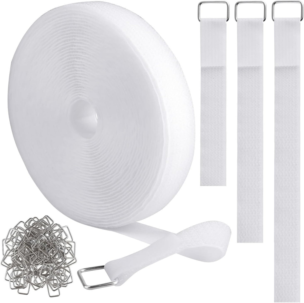 1"x16ft Hook and Loop Straps with 25 Metal Buckles, Adjustable Fastening Cable Straps, Cut-to-Length Cinch Strap, Reusable Nylon Securing Cord Ties for Organizer or Storage, 1 inch Wide, White