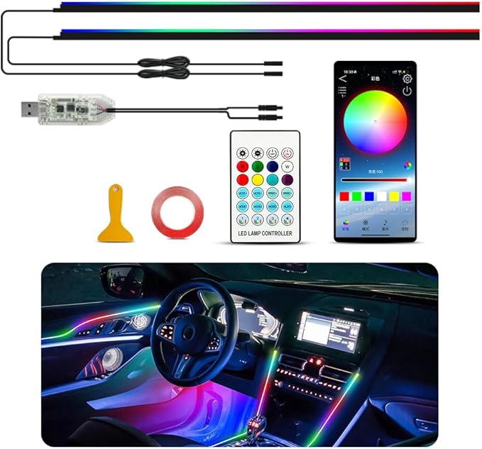 Ambient Lighting Car led Lights Interior, 43.3'' USB Powered Acrylic Neon Flexible Strip Model y Ambient Lighting kit with Remote APP,Dynamic RGB 2 in 1 Music Lights Sync for Inside car Decorations